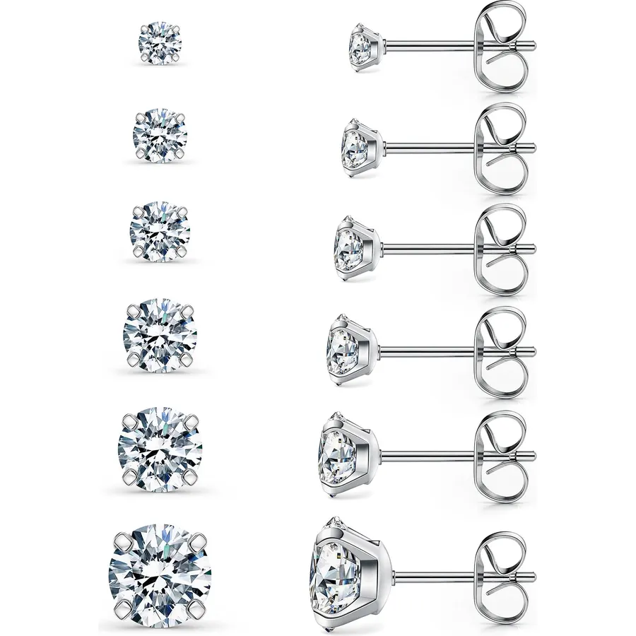 6 Pairs Stud Earrings Set, Hypoallergenic Cubic Zirconia 316L Earrings Stainless Steel CZ Earrings 3-8mm (Steel color)