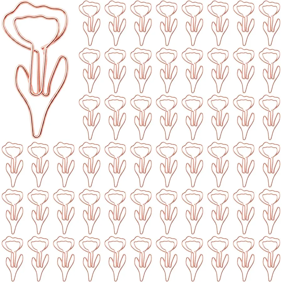 60 Pcs Cute Flower Shaped Paper Clips, Rose Gold Fun Flower Shape Paper Clip, Funny Floral Bookmarks Papers Clips for Office Supplies Wedding Decoration Desk File Organization