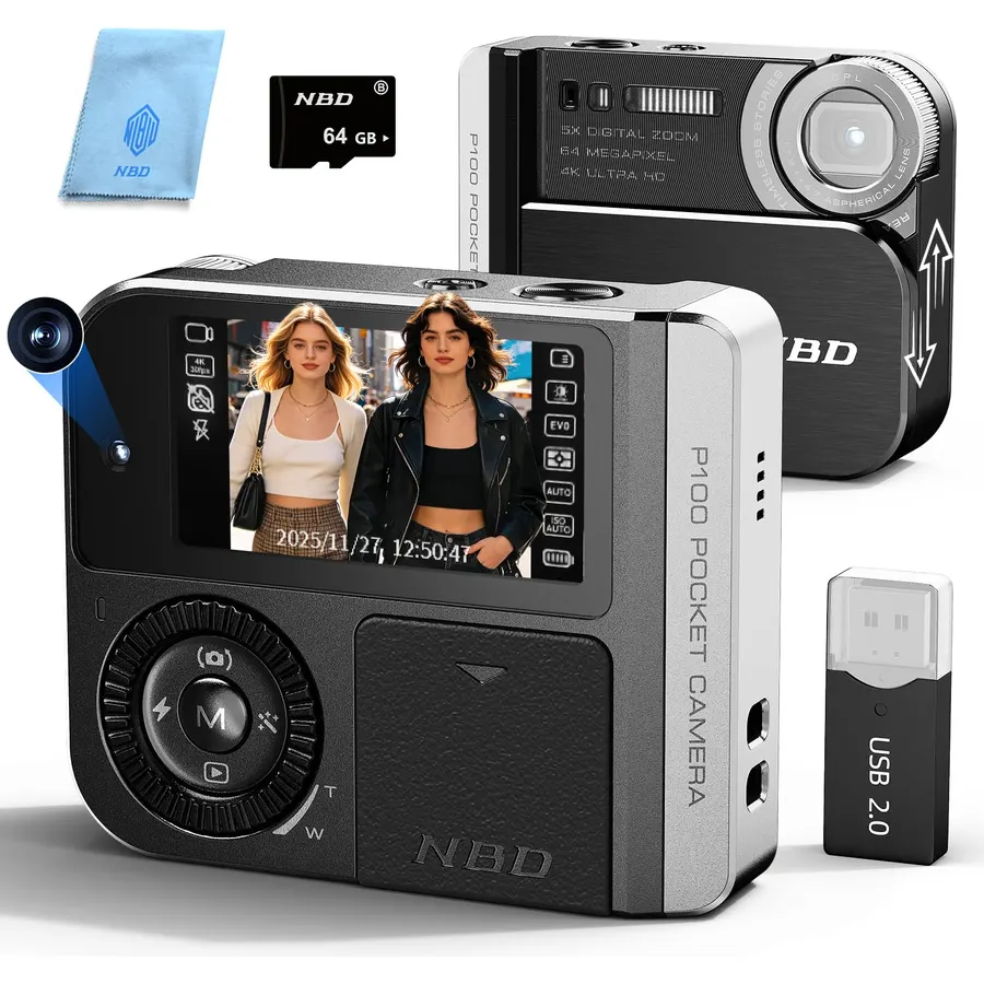 64MP&4K Digital Camera for Photography,Pocket Camera,Swipe to Power On,5X Digital Zoom,Dual Screen for Self-Framing,Auto Focus,21 Filters,USB Charging,64GB TF Card (Black)