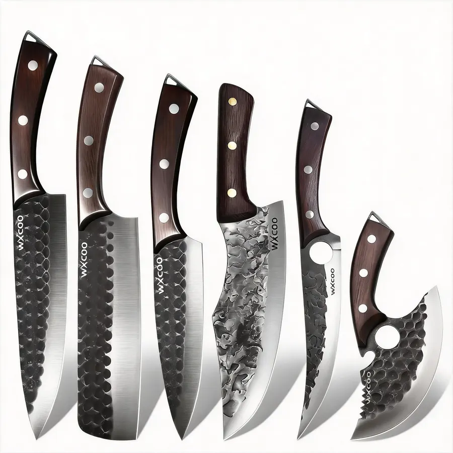 FULLHI 13pcs Chef/Butcher Fish Knife Set, High Carbon Steel Hand Forged Boning bbq Knife Set With Bag for Kitchen, Camping, BBQ (Black, 11 pcs)