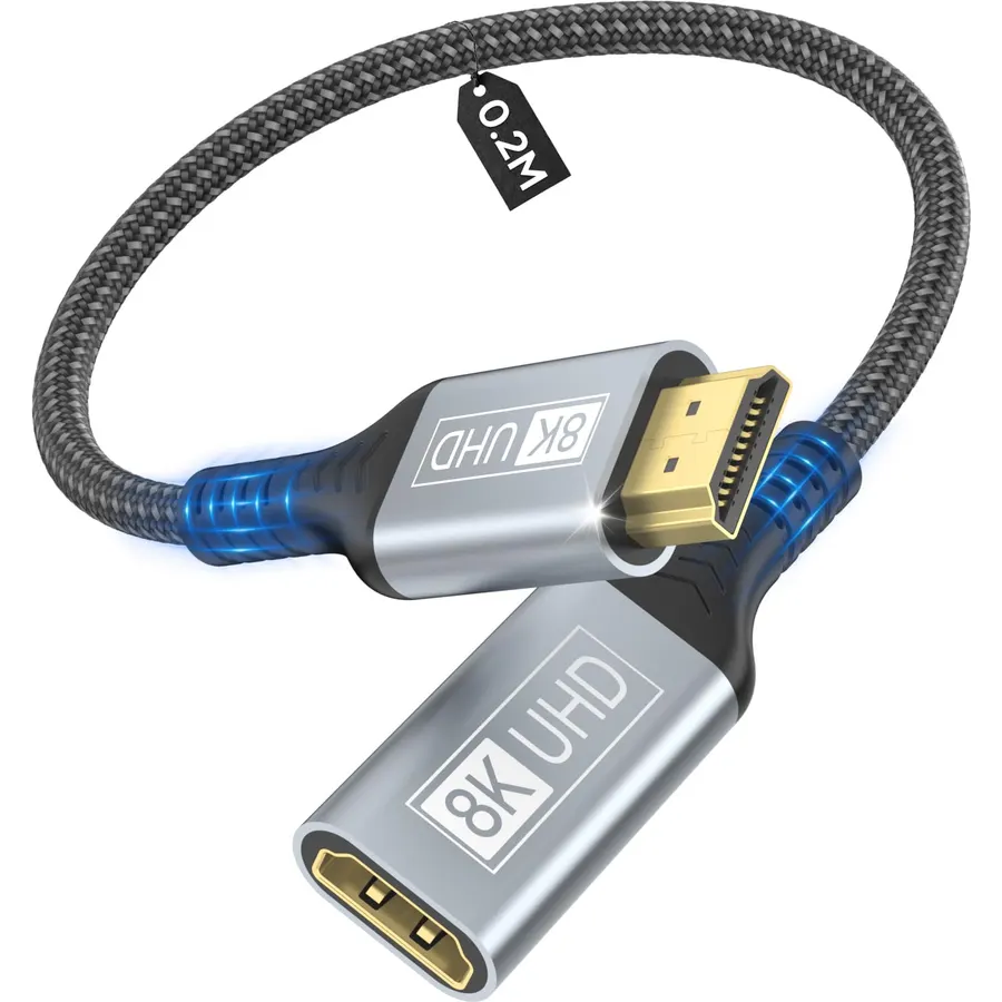 8K HDMI Extension Cable, HDMI 2.1 Male to Female Adapter Extension Cord 8K@60Hz, 4K@120Hz, 3D, HDR Compatible with Roku, Blu-Ray, TV Stick, HDTV, Monitor-0.66 ft