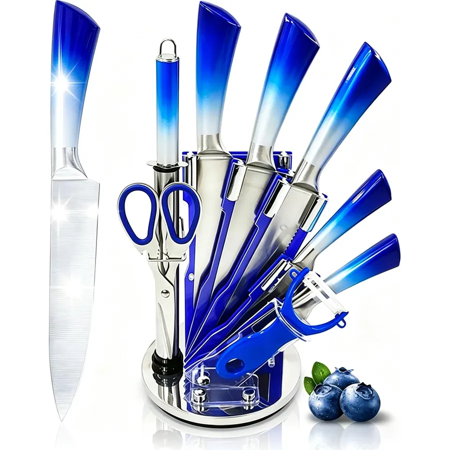 9Pcs Elegant Blue Kitchen Knife Set with Block,Gift For Kitchen Decor