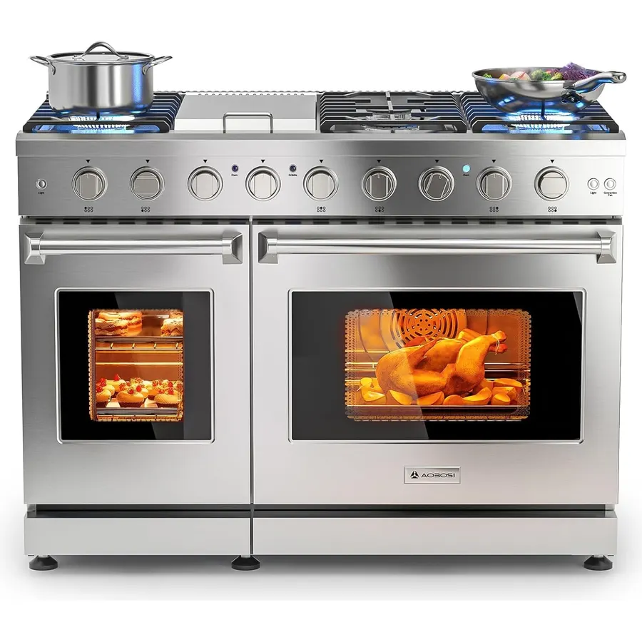 AAOBOSI 48 Inch Professional Double Gas Range Ovens,9.3K BTU Power Burners