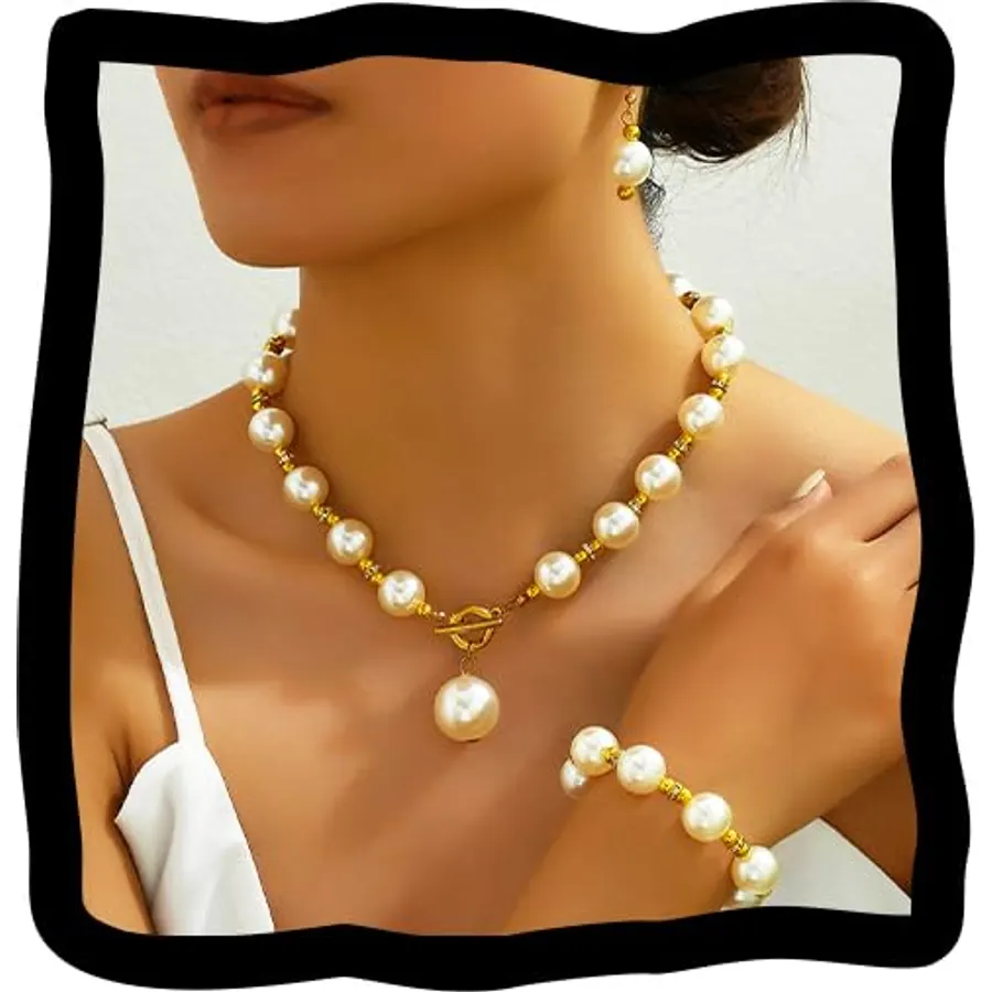 ACEDRE Pearl Jewelry Set Gold Chunky Pearls Necklace Sets for Women