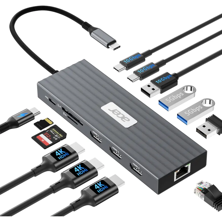 Acer Docking Station 3 Monitors with 3 HDMI, 13-in-1 USB C Hub for Laptop