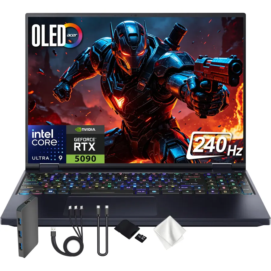 Acer Predator 16 AI 16" WQXGA Gaming Laptop, Intel Core Ultra 9-275HX, Geforce RTX 5090, 64GB RAM, 5TB Storage(4TB SSD&1TB Docking Station Set), Per-Key RGB Keyboard, Wi-Fi 7, Win 11, Black