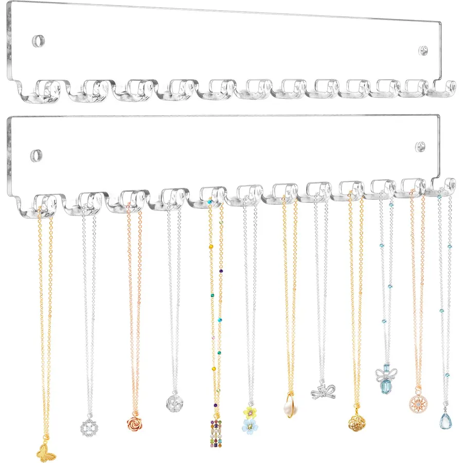2-Pack Necklace Holder Wall-Mounted Wooden Jewelry Organizer with 28 Hooks