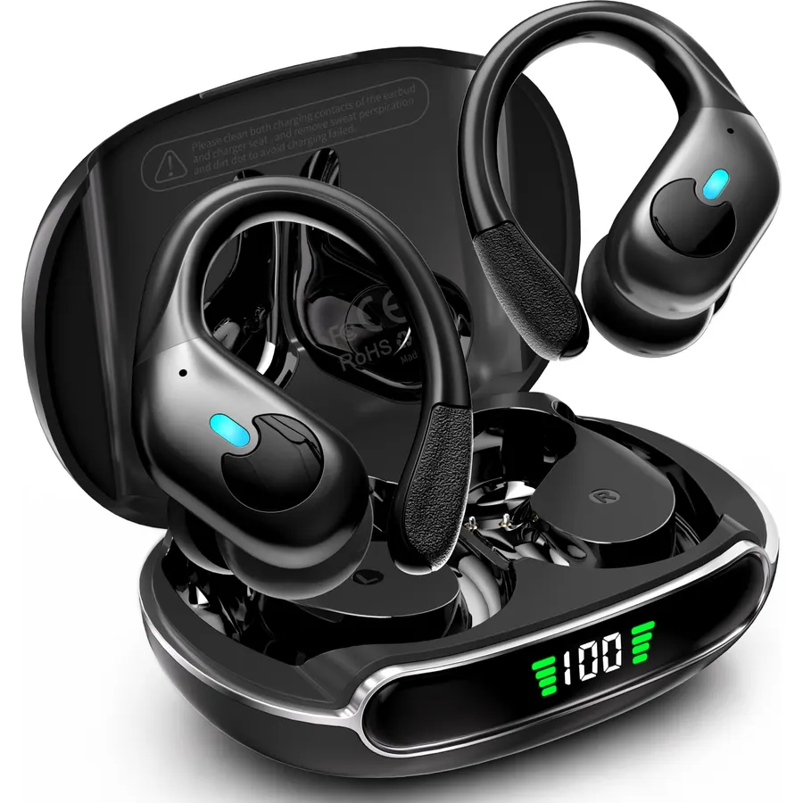 Active Noise Cancelling Ear Buds Wireless Earbuds 90H Playtime Bluetooth Headphones Stereo Bass Over-Ear Hooks Earphones with Power Display Case IPX7 Waterproof Headset for Workout/Running, Black