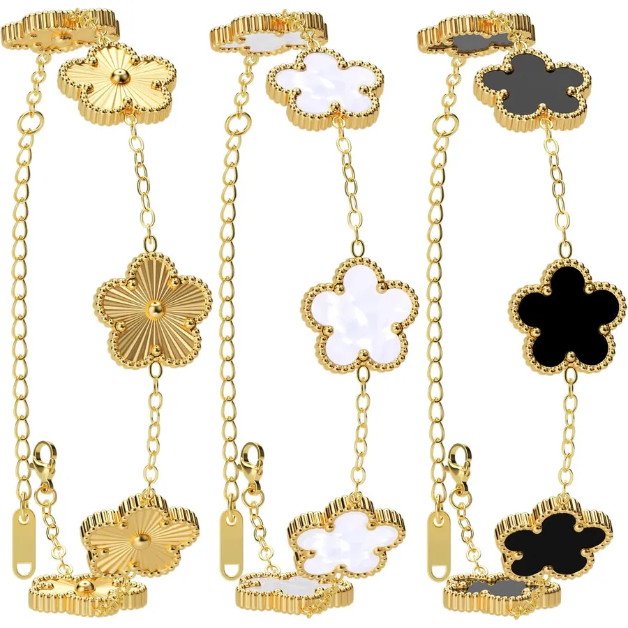 AICase 18K Gold Plated Clover Bracelet Dupes Gold/White/Black Bracelet Set for Women Flower Leaf Lucky Clover Bracelets Trendy Jewelry Birthday Gifts for Women/MoM/Friends