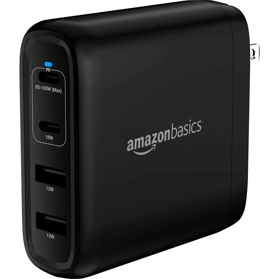 Amazon Basics 100W Four-Port GaN Wall Charger with 2 USB-C (100W, 18W) & 2 USB-A Ports (12W), PD 3.0, Foldable Plug, Portable Multi-Device Charging for Laptops, Tablets & Phones, Non-PPS,Black
