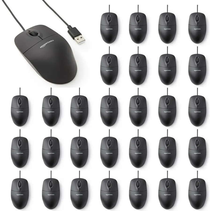 Amazon Basics 3-Button USB Wired Computer Mouse, Black, 30-Pack