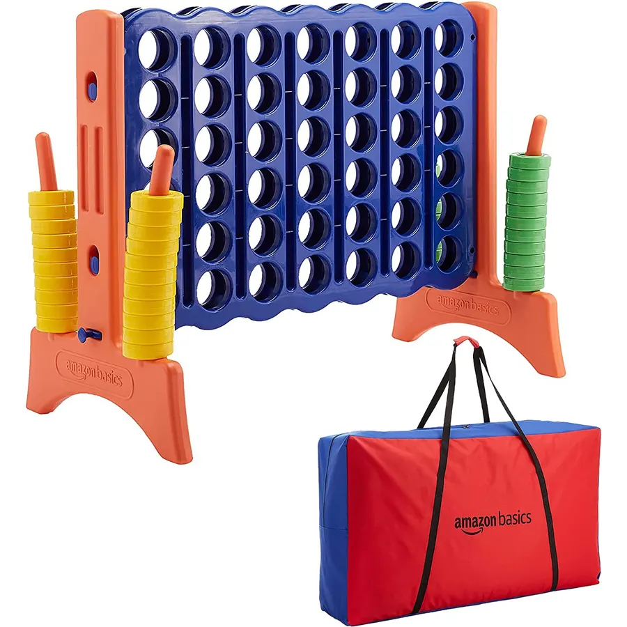 Amazon Basics Junior 4-to-Score Giant Premium Plastic Party Game for Kids & Adults, Indoor & Outdoor, BPA-Free with Carrying Bag, Blue, Yellow, Red, Green, Large