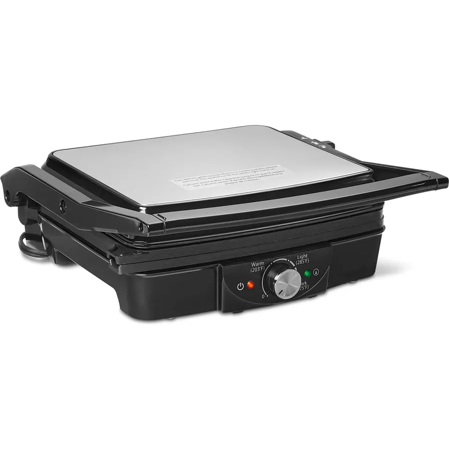 Amazon Basics Panini Press & Electric Indoor Grill with Adjustable Temperature Settings, Non-Stick Ceramic Plates, Black