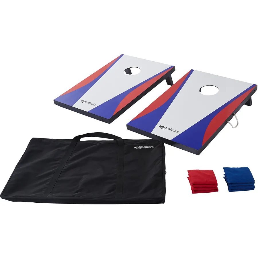 Amazon Basics Portable Cornhole Set, Outdoor Game Bean Bag Toss with Carrying Case, Blue/Red