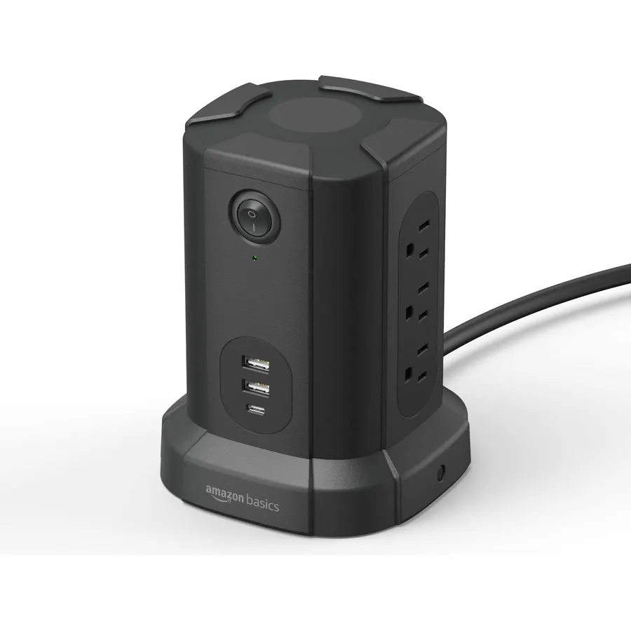 Amazon Basics Power Strip Tower Charging Station, Surge Protector 1080J, 9 Outlet with Integrated USB Charging Ports (2 USB-A and 1 USB-C), Space Saving, 15A, 6ft Cord, Black