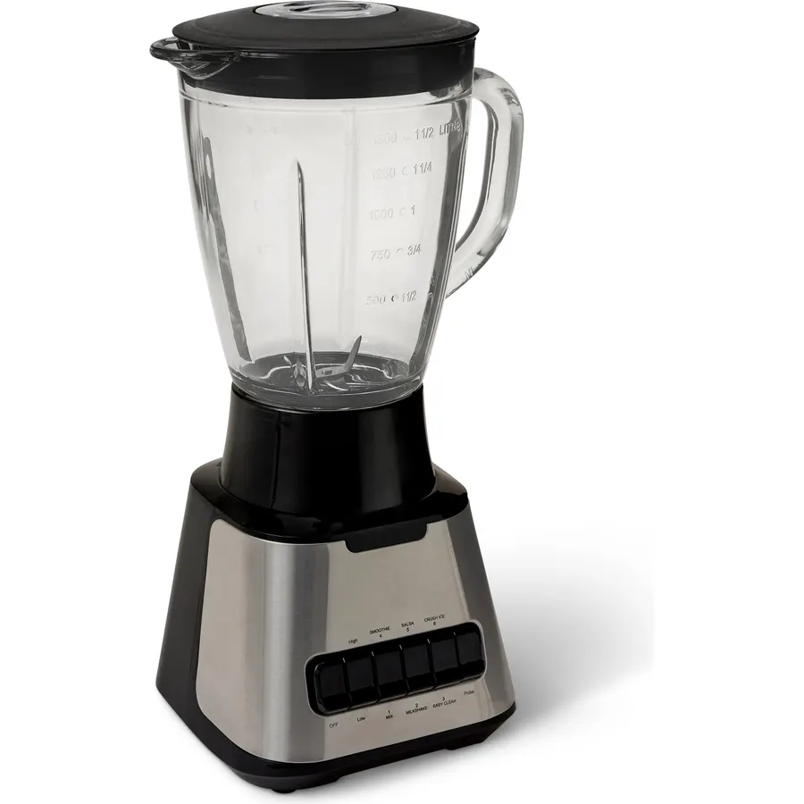Amazon Basics Powerful 700W Countertop Blender with 6-Cup (50 Fl. Oz) Glass Jar, 6 Pre-Programmed Functions, Ice Crush, Stainless Steel Blades, Black & Silver