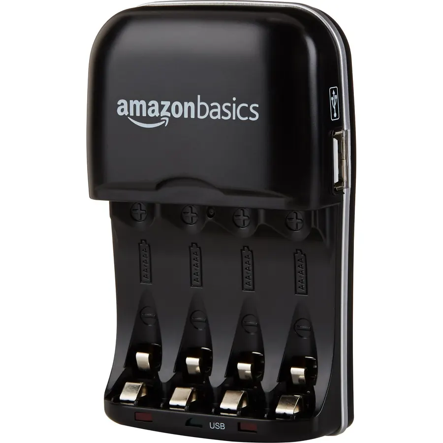 Amazon Basics Rechargeable Battery Charger for AA & AAA Ni-MH Batteries with USB Port, Portable, Travel-Friendly, Over-Charge Protection, Black