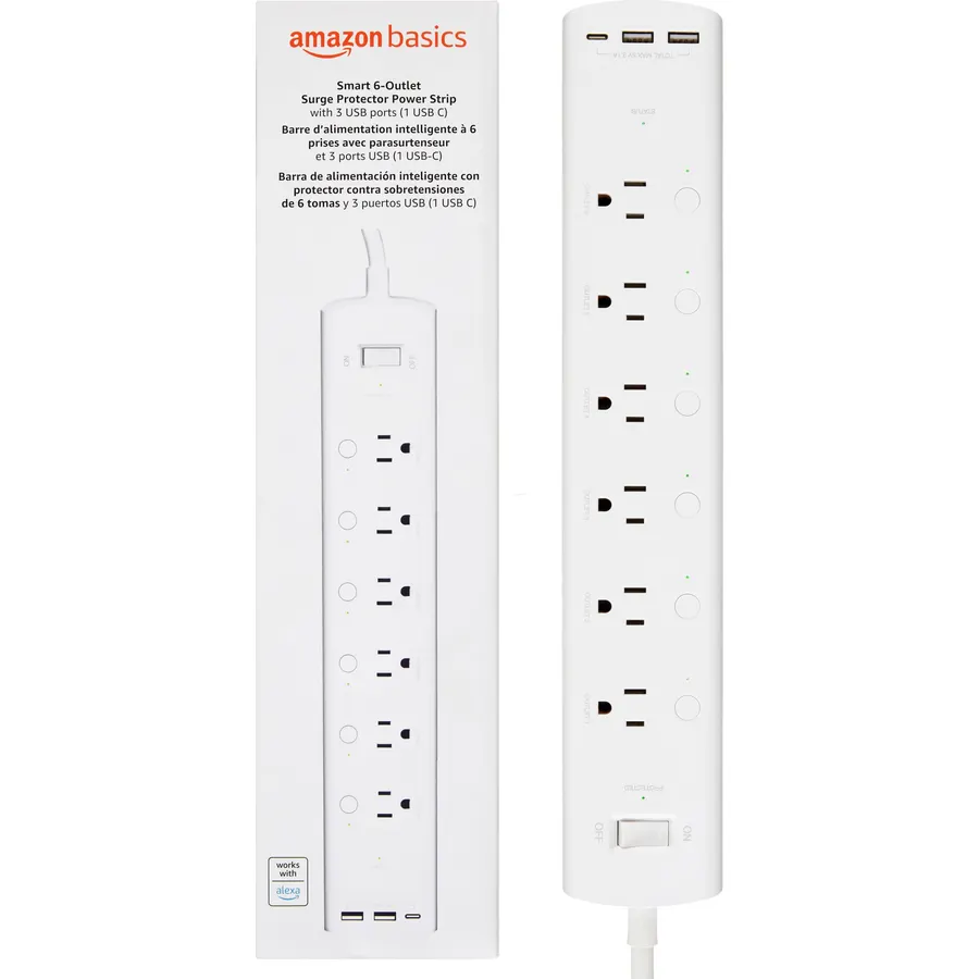Amazon Basics Smart Plug Power Strip with 6 Individually Controlled Outlets and 3 USB Ports (2 USB-A and 1 USB-C), WiFi, Works with Alexa Only, 2.4 GHz, No Hub Required, White