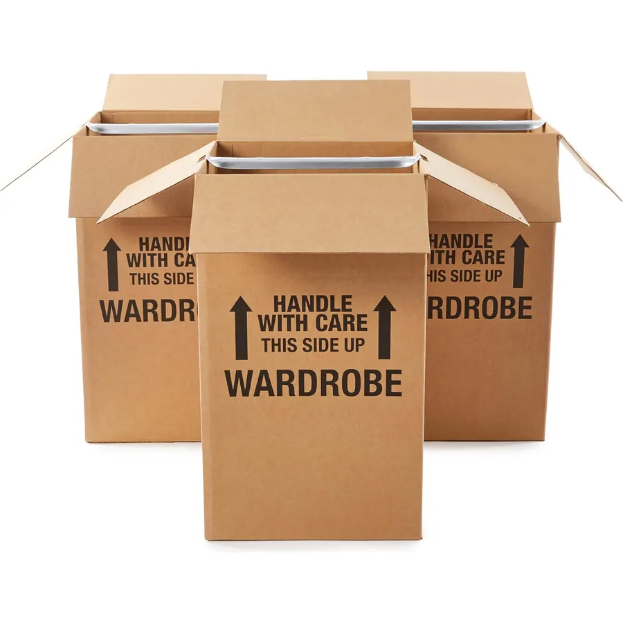 Amazon Basics Sturdy Wardrobe Moving Boxes, 20" x 20" x 34", Brown, 3-Pack | With Hanger Bar, For Packing Clothes, Easy to Assemble, With Handles