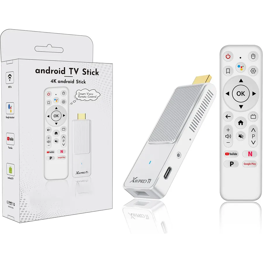 Android TV Stick 14.0, 2025 4K TV Stick 2GB RAM 16GB ROM Ultra HD RK3518 CPU Supports 2.4G/5G Wi-Fi Bluetooth 5.0 USB HDR10 with Bluetooth Voice Remote Control - White X88 PROT1