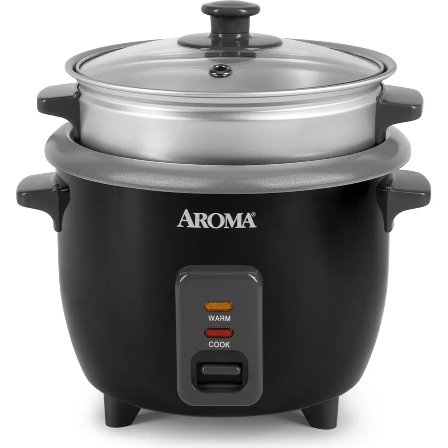Aroma Housewares ASP-610 Dual-Sided Shabu Hot Pot, 5Qt, Stainless Steel Aroma Housewares 3 Uncooked/6 Cups Cooked Rice Cooker, Steamer, Multicooker, 2-6 cups, Black
