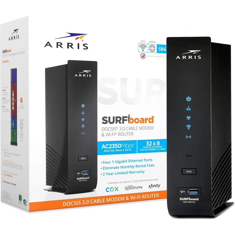 ARRIS (SBG7600AC2) - Cable Modem Router Combo - DOCSIS 3.0 & AC2350 WiFi, [Check with your provider for compatibility]Four 1 Gbps Ports , 800 Mbps Max Internet Speeds