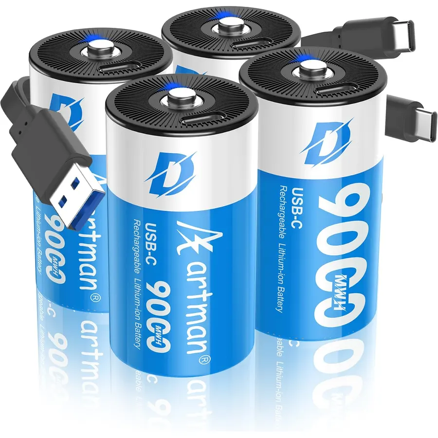 Artman Rechargeable Lithium D Batteries 4 Pack, 9000mWh Rechargeable Lithium-ion D Cell Battery with 2 in 1 USB-C Charging Cable, 1.5V Batteries D Size for Floodlight Toys, Water Heater, Gas Stove