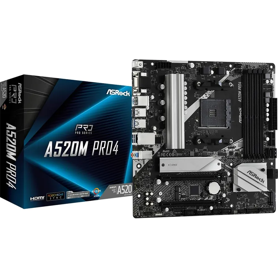 ASRock A520M Pro4 AMD Ryzen 3000/4000 Series (Soket AM4) Compatible with A520 Chipset, Micro ATX Motherboard [Domestic Authorized Dealer Product]