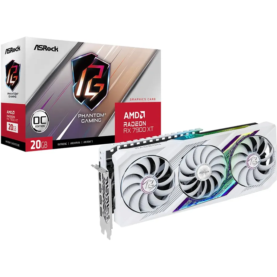ASRock AMD Radeon RX 7900 XT Phantom Gaming White 20 GB OC 20Gbps GDDR6 320-Bit 7680 x 4320 Striped Ring Fan Graphics Card