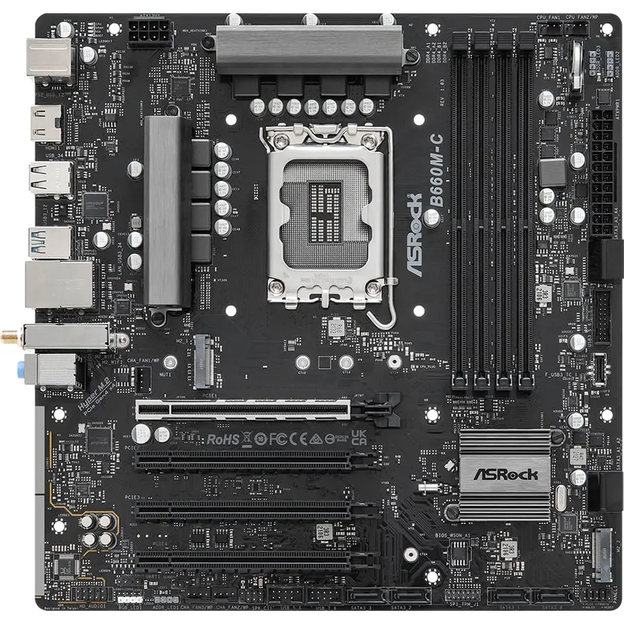 ASRock B660M-C Micro-ATX Motherboard, Intel 14th/13/12th Gen, DDR4 5333+ (OC), PCIe 4.0, 2X Hyper M.2, 8X SATA3, 802.11ac WiFi