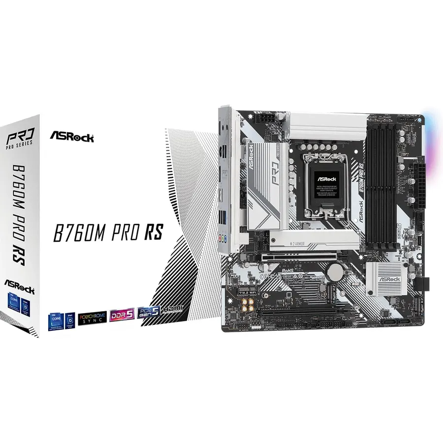 ASRock B760M Pro RS Motherboard DDR5 7200MHz HDMI DisplayPort eDP PCIe Gen5 (Graphics) 14th 13th 12th Gen Intel Core Processors LGA1700 192GB