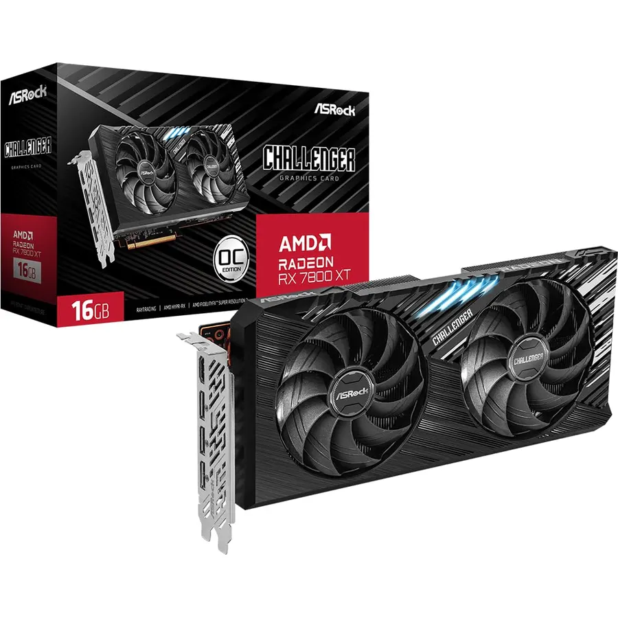 ASRock Radeon RX 7800 XT Challenger 16GB OC Graphics Card, RDNA 3, 2475MHz Boost, 16GB GDDR6 256-bit, PCIe 4.0, Dual Fans, 0dB Silent, LED Indicator