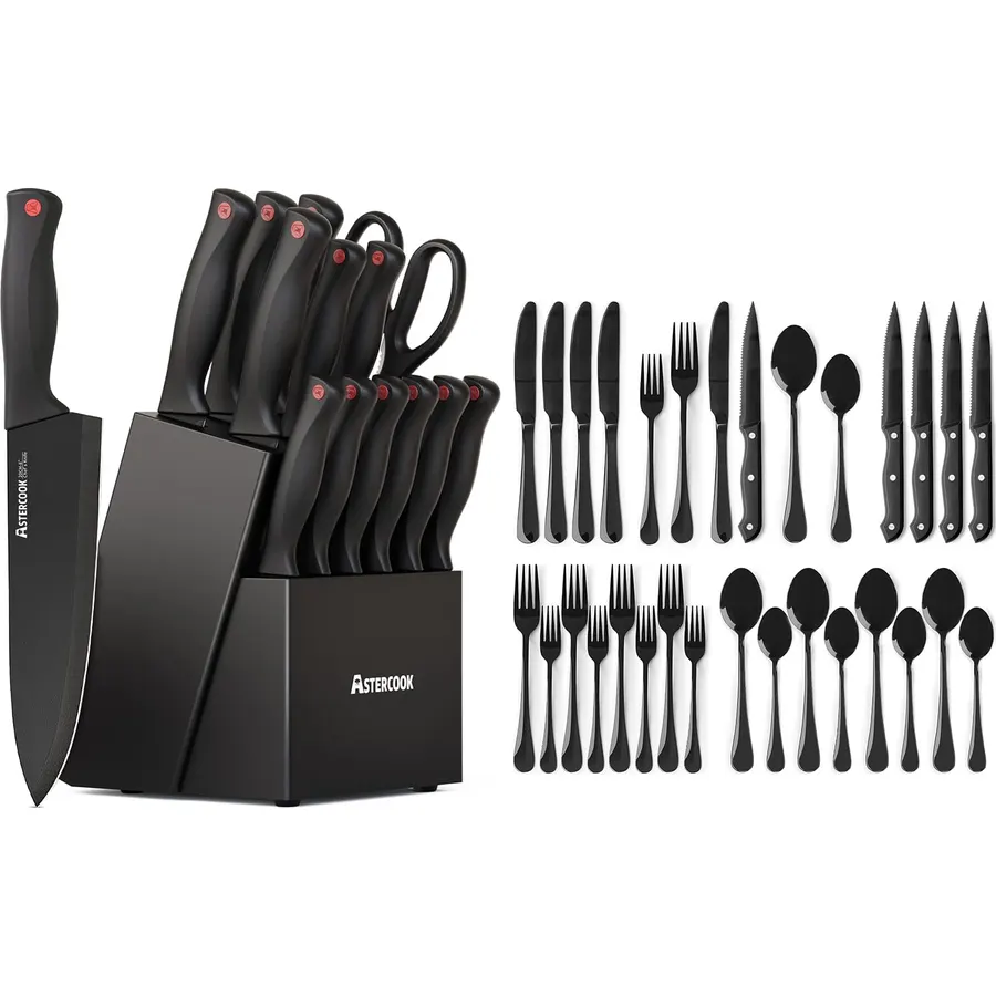 Astercook Knife Set with Block and Sharpener 15 Pcs and 24-Piece Black Silverware Set with Steak Knives Flatware Set for 4