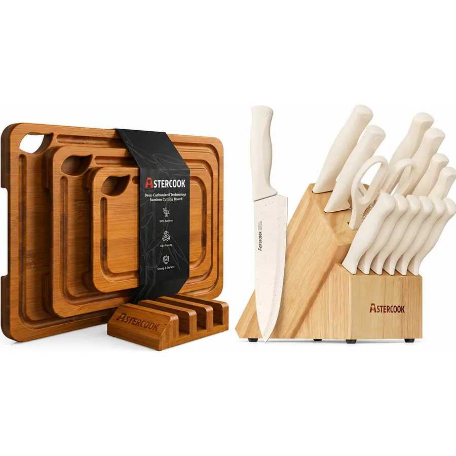 Astercook Deep-Carbonized Bamboo Cutting Boards with 15 Pieces Kitchen Knife Set with Sharpener Block