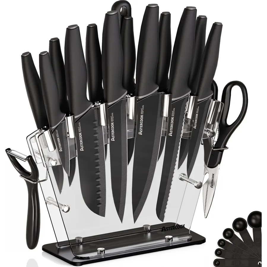 Astercook Knife Set with Block and Sharpener, 22 Piece Kitchen Knife Set Dishwasher Safe, Space-Saving Clear Knife Block with Knives for Everyday Home Cooking Black