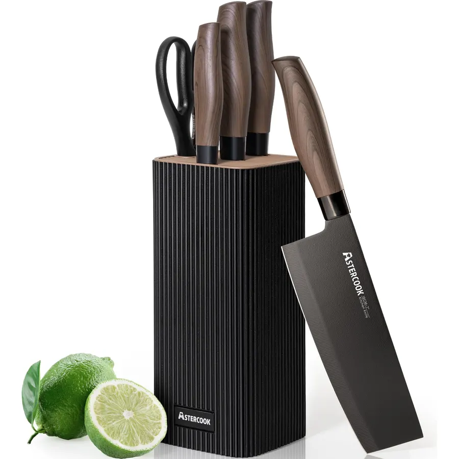 Astercook Knife Set, 6-Piece Kitchen Knife Set with Block, High Carbon Stainless Steel Ultra Sharp Kitchen Knives, Wood Grain Handle, Dishwasher Safe Knife Block Set, Black, Kitchen Utility Knives