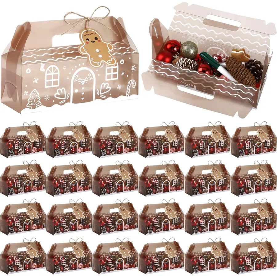 Astivac 24 Pcs Plastic Christmas Party Favor Boxes with Handles Twine Cards