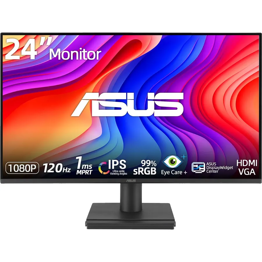 ASUS 24" Monitor, 1080P IPS Full HD Display, 120Hz Refresh Rate, 1ms MPRT, Eye Care Technology with Low Blue Light Flicker Free, Frameless Design, HDMI | VGA, VESA Mountable