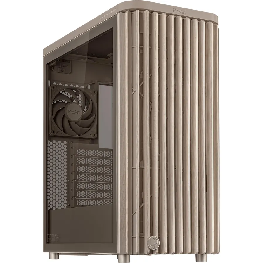 ASUS ProArt PA401 Wood Edition Beige ATX PC case with Tempered Glass Side Panel; Supports GPUs up to 315mm, 240mm Radiator, 160x32mm Fans, Power/Reset Lock, Detachable PSU Bracket, 2 Year Warranty