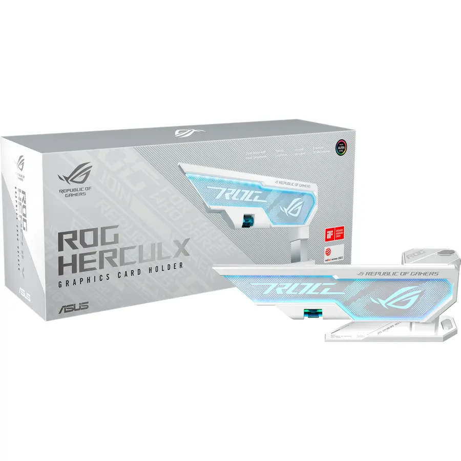 ASUS ROG Herculx White GPU Anti-Sag Holder, Solid Zinc Alloy Construction, Easy Toolless Installation, Included Spirit Level, Adjustable Height, Wide Compatibility, Aura Sync RGB, 2 Year Warranty