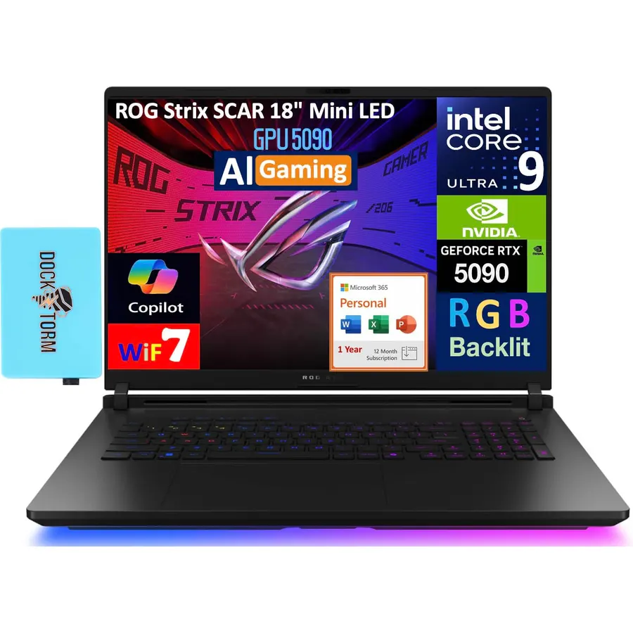 ASUS ROG Strix Scar AI Gaming Laptop 18" 240Hz Mini LED WQXGA Display (Intel Ultra 9-275HX, GeForce RTX 5090 24GB, 32GB DDR5, Win 11 Pro) w/MS 365 Personal, DKZ USB Port Expander