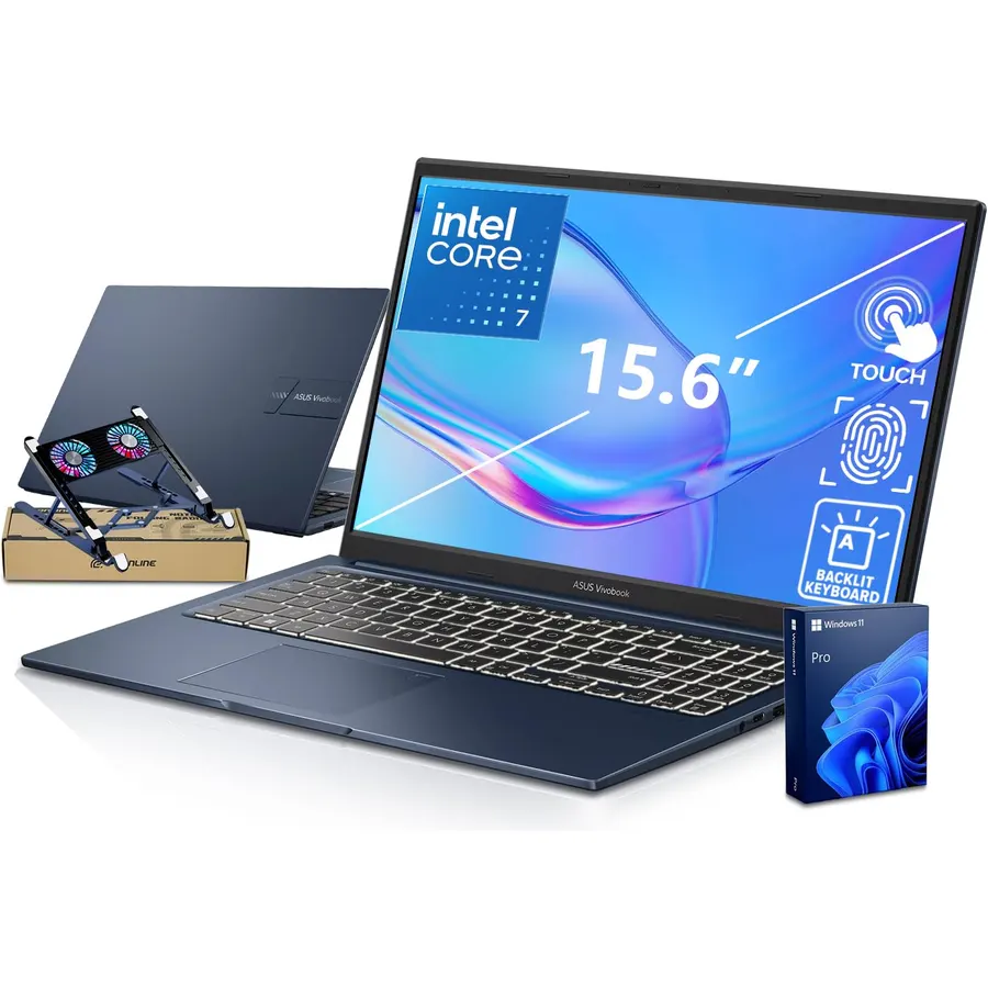 ASUS Vivobook 15 Laptop, Core 7 150U(5.4GHz, >i7 1255U), 15.6" FHD Touchscreen, 24GB DDR5 RAM, 1TB SSD, Fingerprint for Secure Login, Backlit Keyboard, Win11 Pro for Professionals, Blue, PCO Bundle