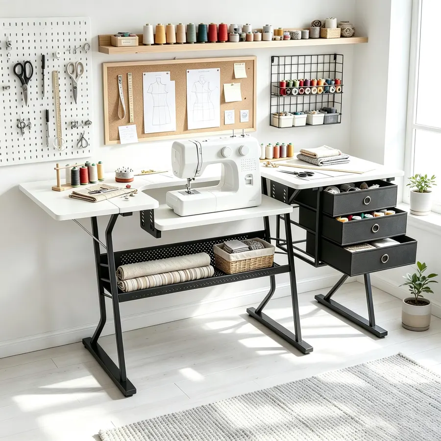 Athena Collection 60 Inch Sewing Machine Table with Storage, Black/White