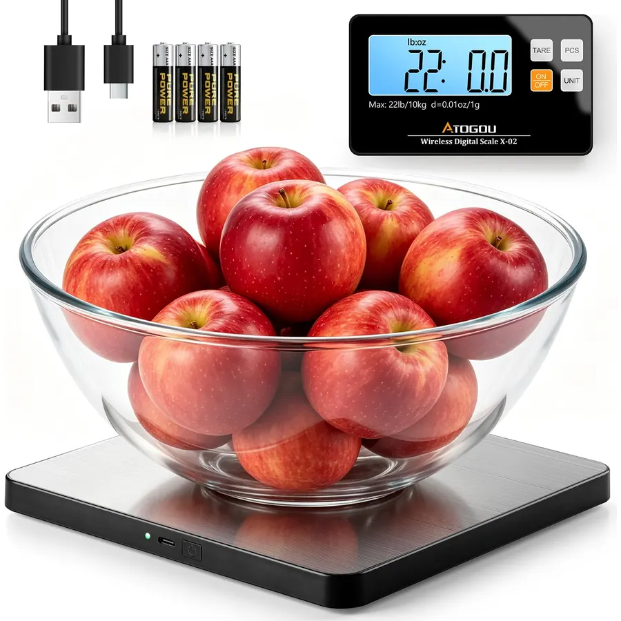 Atogou 22lb Wireless Kitchen Scale with Split Display, USB-C Rechargeable