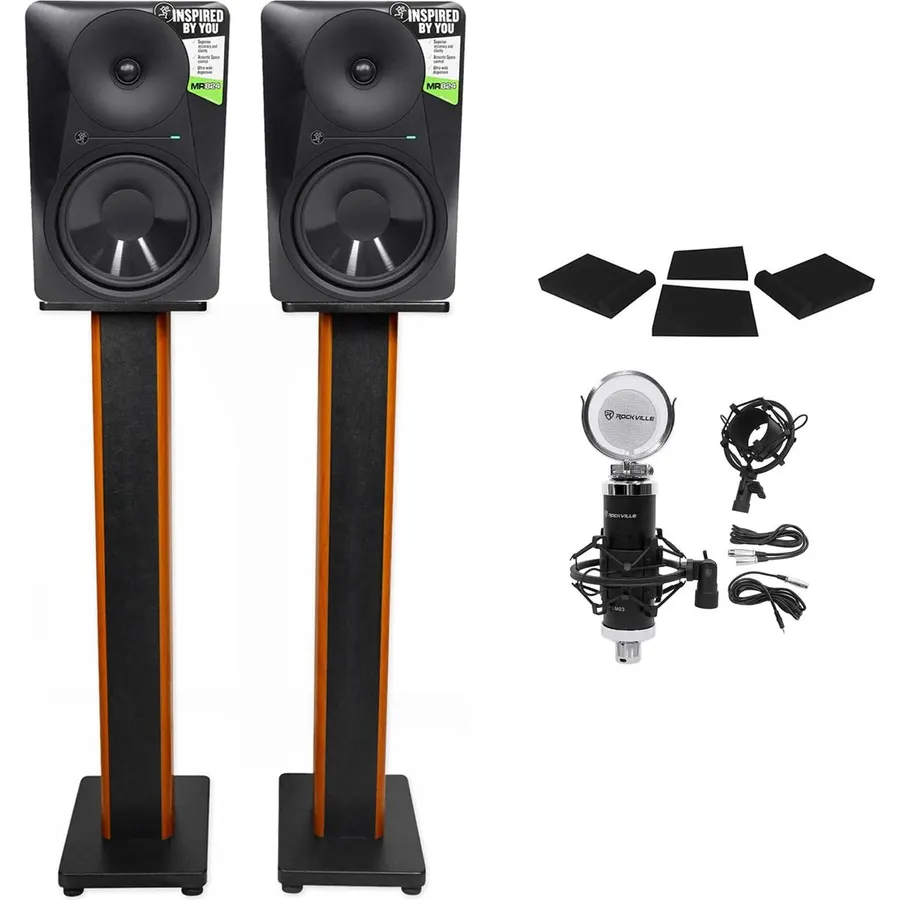 Audiosavings Bundle: (2) MR824 8 170W Powered Studio Monitors Bundle with (2) Rockville RHTSC 36" Stands + (2) Foam Pads, 10.35" x 13", 3 Angles + Condenser Mic w/Metal Shock Mount (7 Items)