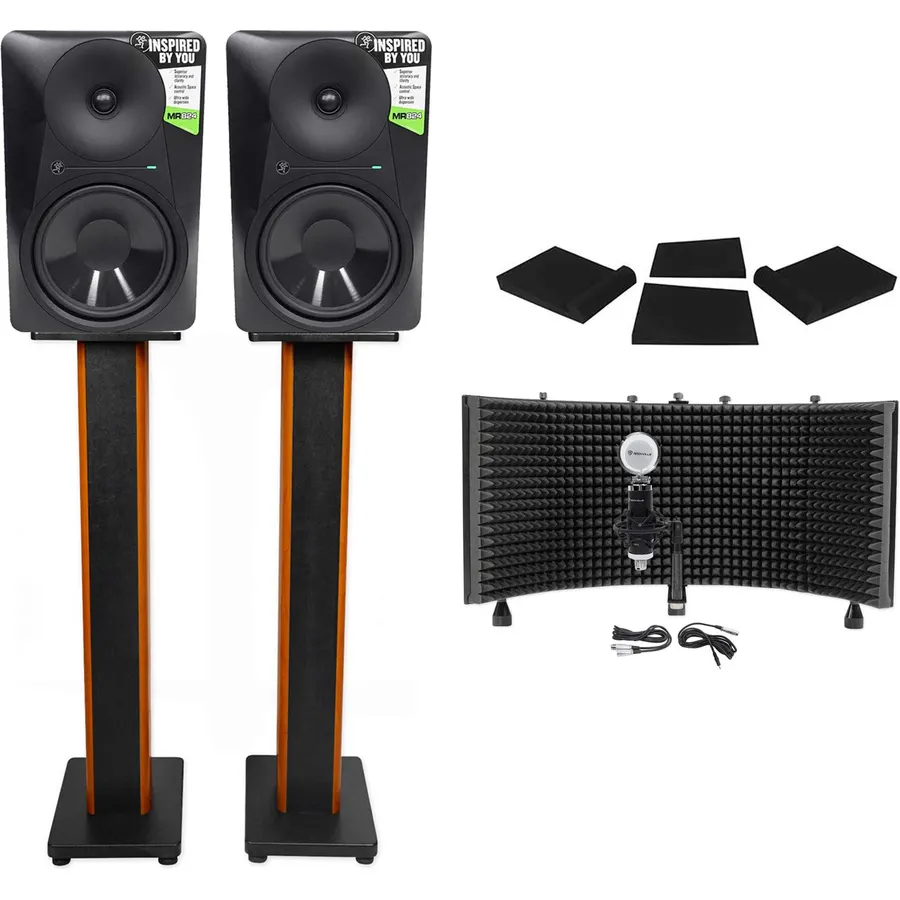 Audiosavings Bundle: (2) MR824 8 170W Powered Studio Monitors Bundle with (2) Rockville 36" Stands + (2) Foam Pads + Condenser Mic w/Metal Shock Mount + RockShield 3 Isolation Shield (8 Items)