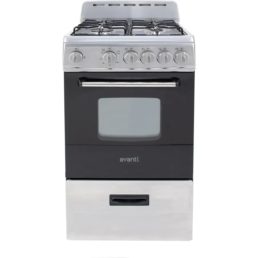 Avanti Compact Gas Range Oven 24-Inch with 4 Sealed Burners Automatic Electronic Ignition Large 2.6 cu.ft. Oven Storage Drawer Glass Door and Oven Light, in Stainless Steel