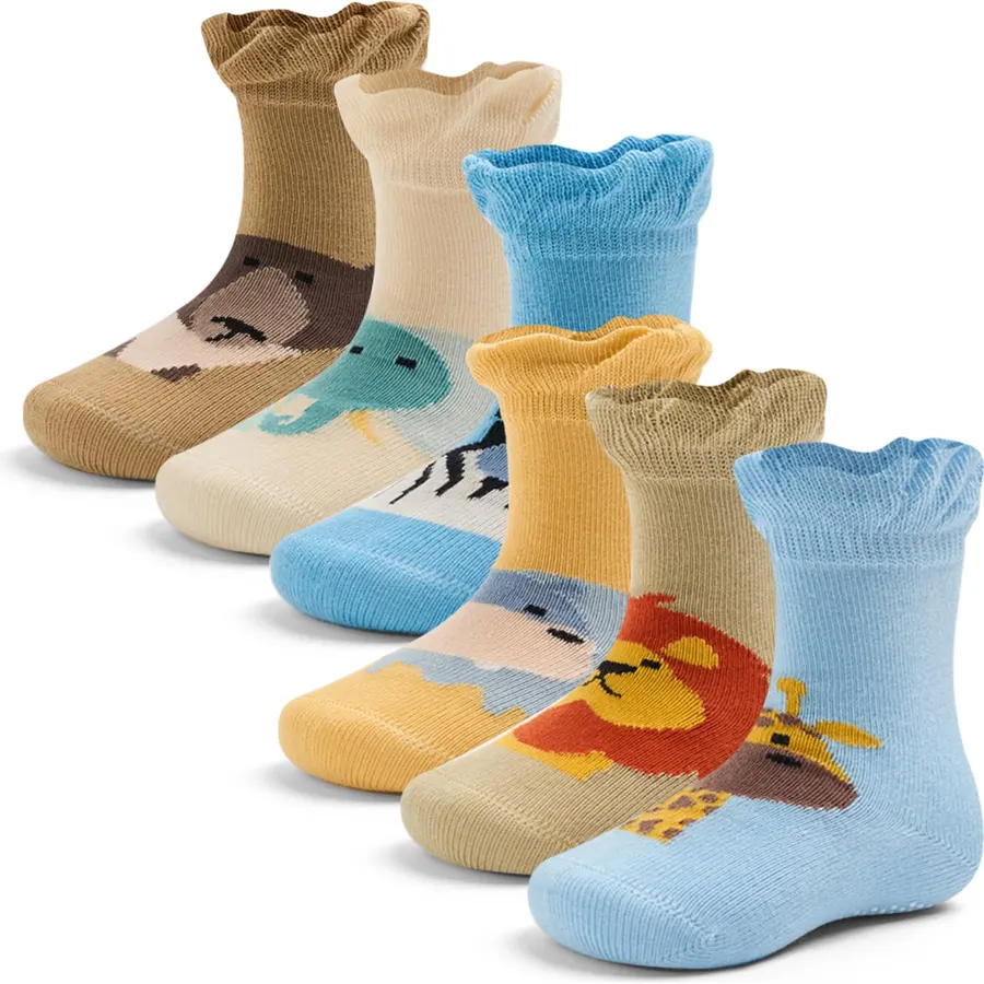 Baby Boys Socks Cotton Crew Toddler Socks with Grips Anti Skid Bottom Socks 6 Pack
