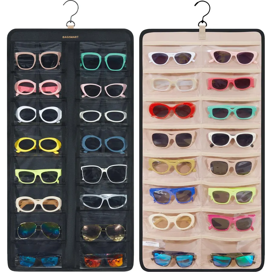 BAGSMART Hanging Jewelry Organizer, Dust Proof Sunglasses Storage Case Wall Mounted, Travel Dual Sided Glasses Case Multiple Pairs, Eyeglasses Holder with 32 Clear Slots & Metal Hook, Black