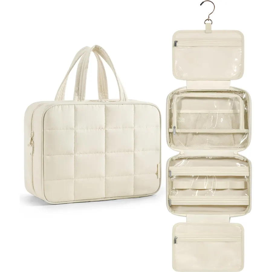 BAGSMART Travel Toiletry Bag with Jewelry Organizer, Hanging Travel Bag for Toiletries, Puffy Makeup Cosmetic Bag Organizer, Carry-on Travel Accessories Essentials, Beige-M